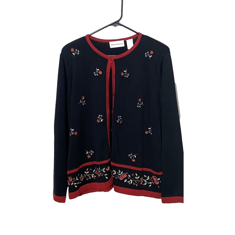 Alfred Dunner Vintage Floral Embroidered Button-Up Cardigan Large Black/Burgundy